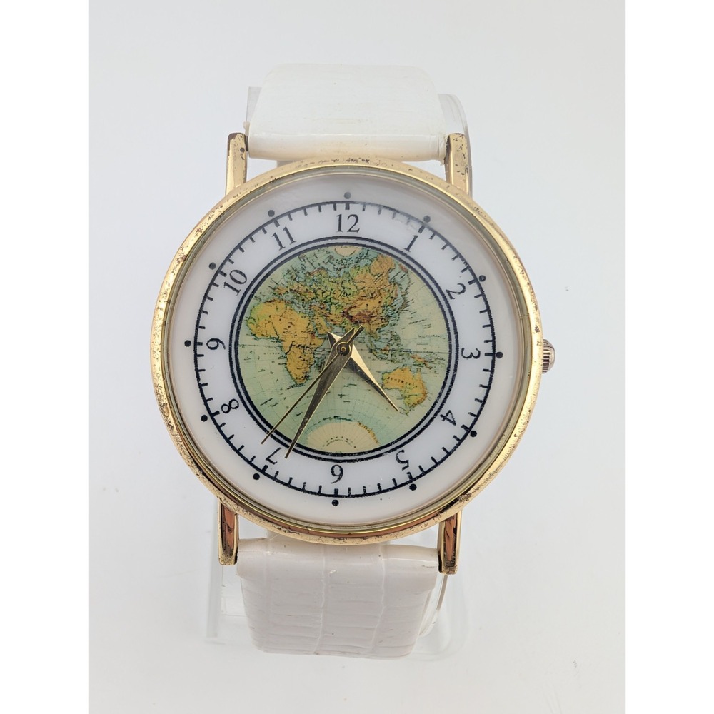 World Map Women's Quartz Watch 38mm Gold Case White Band- New Battery